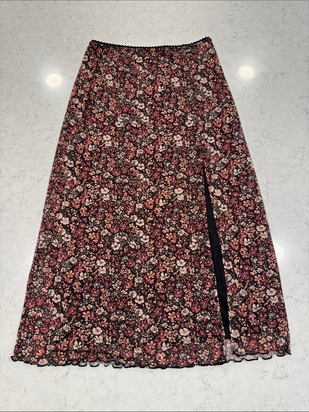 Floral Maxi Skirt with Side Slit - Black & Pink